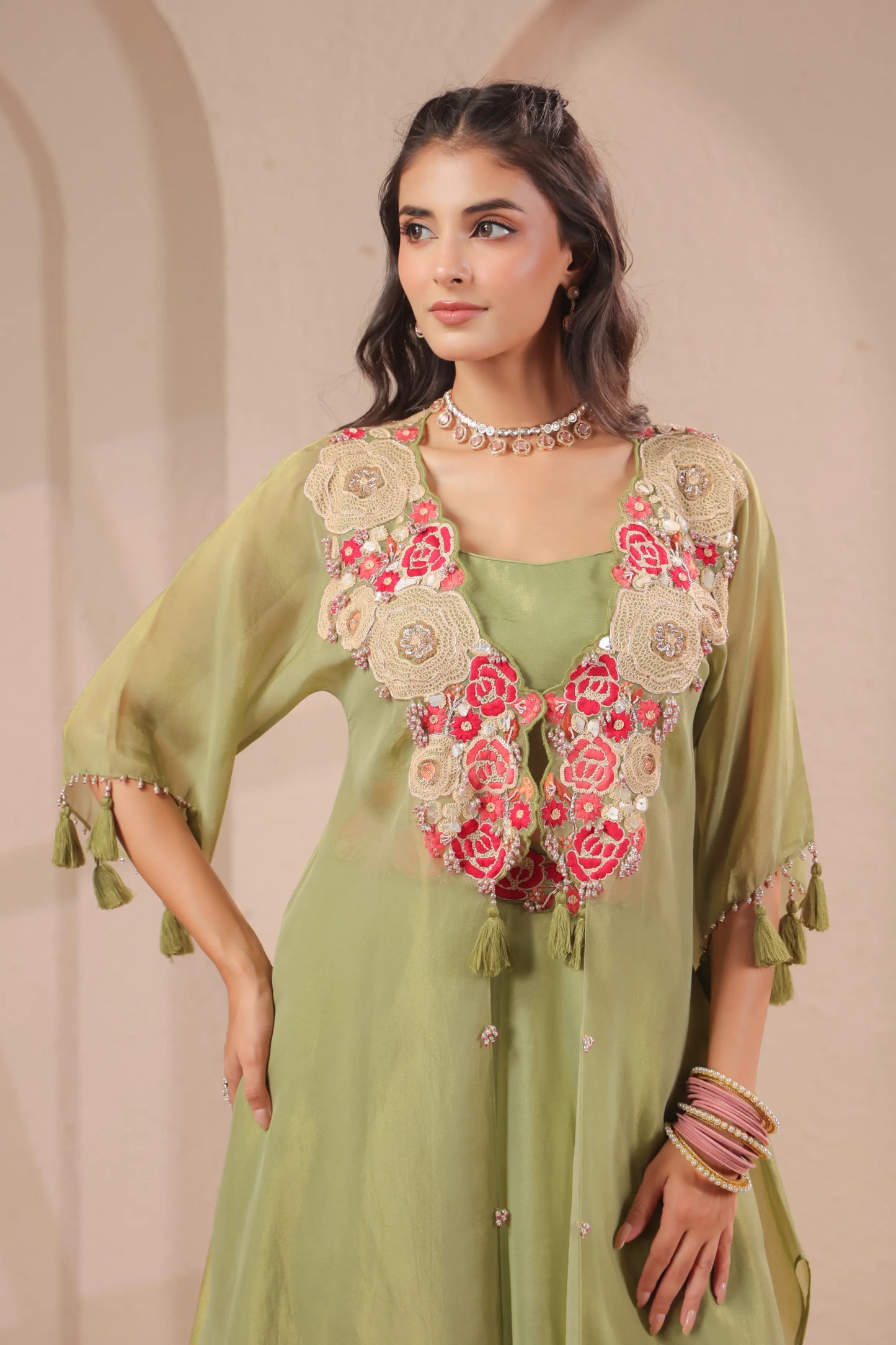 3 piece Hand emboidered kurta with bustier and skirt-palazzo