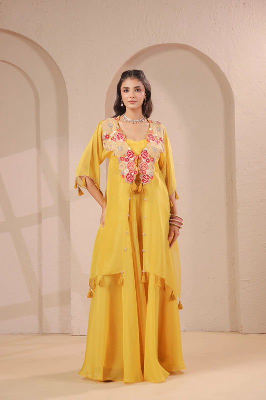 3 piece Hand emboidered kurta with bustier and skirt-palazzo
