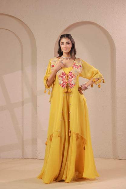 3 piece Hand emboidered kurta with bustier and skirt-palazzo