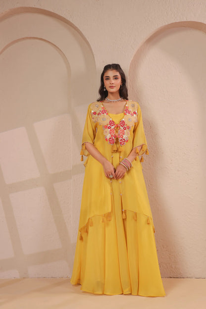3 piece Hand emboidered kurta with bustier and skirt-palazzo