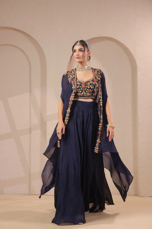 3 Piece Hand emboidered bustier and overlay with skirt palazzo