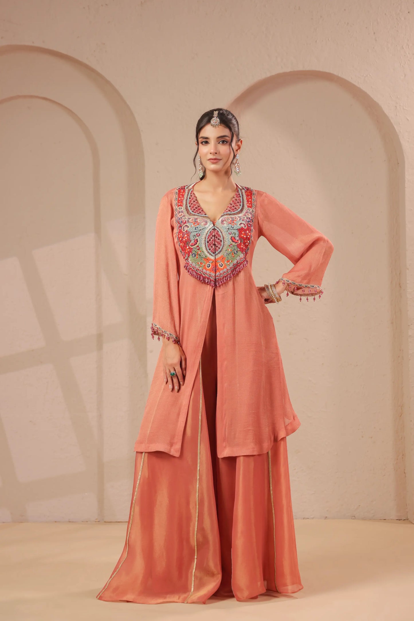 3 Piece hand emboidered kurta with skirt-palazzo set
