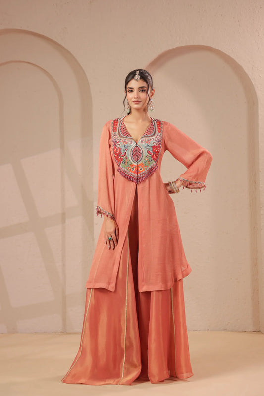 3 Piece hand emboidered kurta with skirt-palazzo set