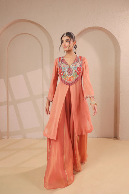 3 Piece hand emboidered kurta with skirt-palazzo set