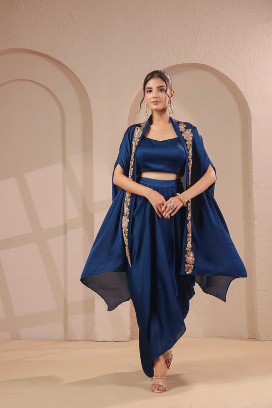 Emboidered overlay with bustier and drape skirt