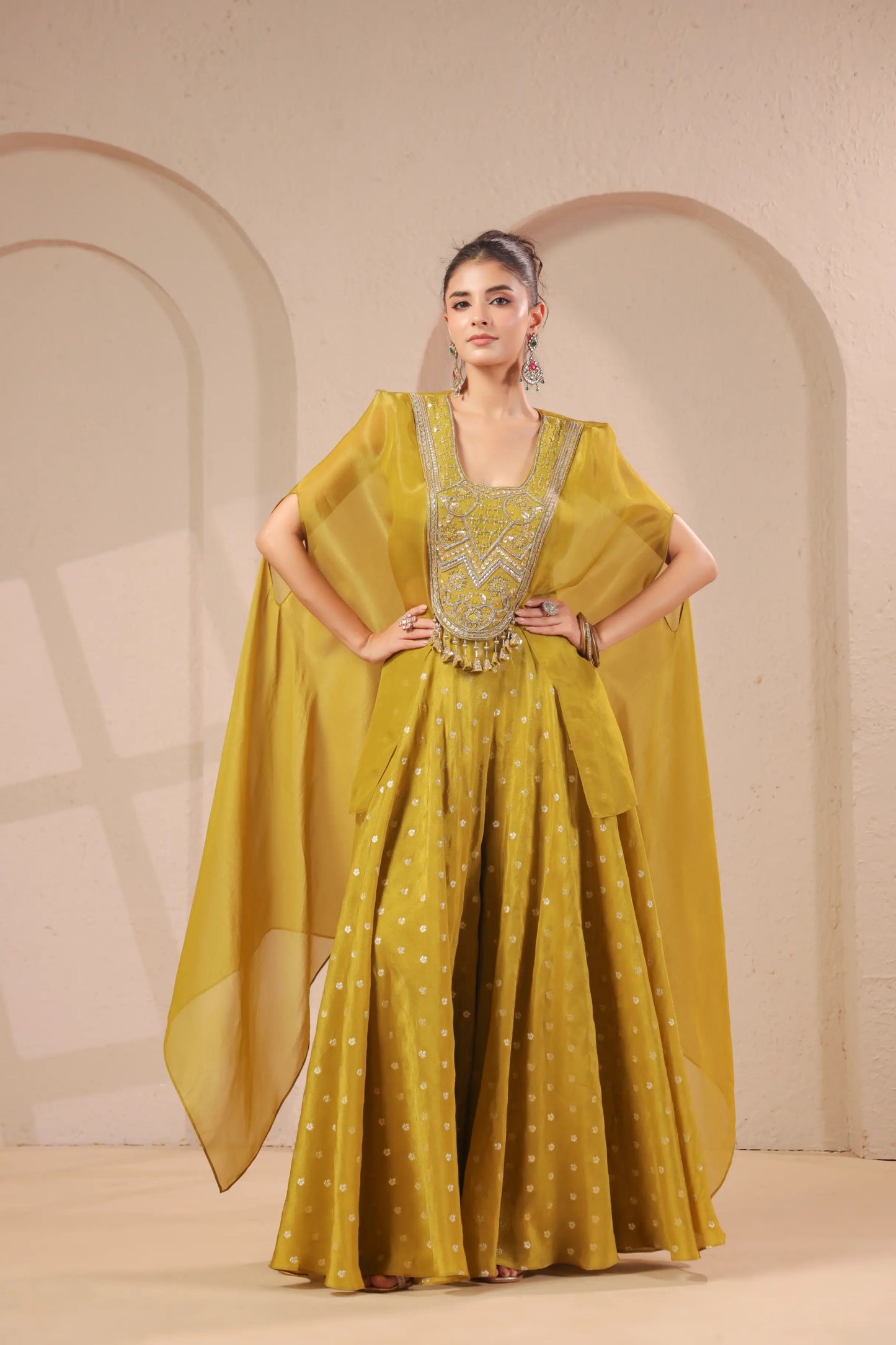 2 Piece hand emboidered bodice, flared top with banarasi skirt-palazzo