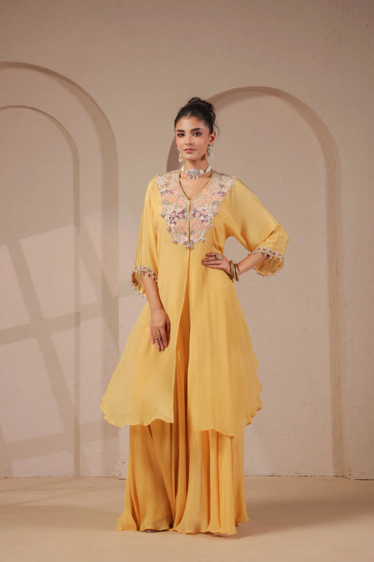 3 Piece Hand emboidered kurta with bustier and skirt-palazzo