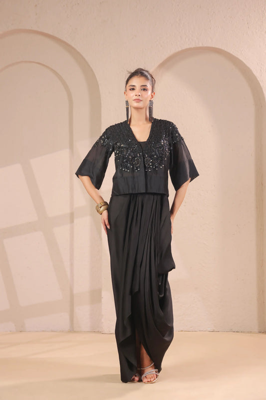 Hand emboidered jacket with bustier and drape skirt