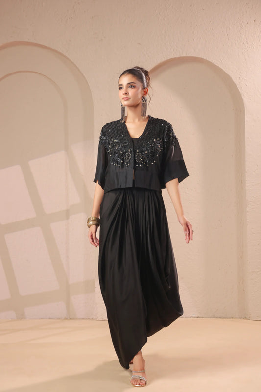 Hand emboidered jacket with bustier and drape skirt