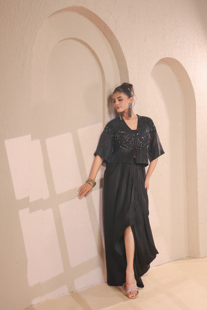 Hand emboidered jacket with bustier and drape skirt