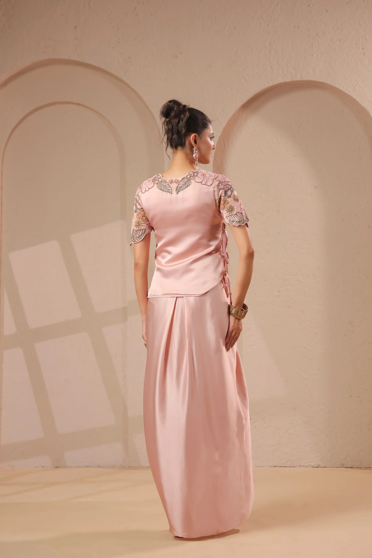 3 Piece Rose-gold bustier with drape skirt & hand emboidered jacket