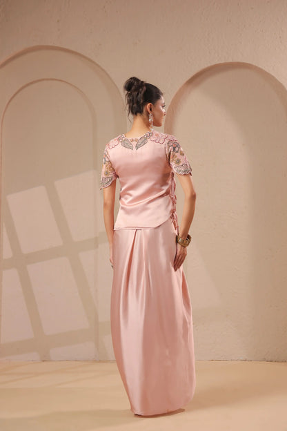 3 Piece Rose-gold bustier with drape skirt & hand emboidered jacket