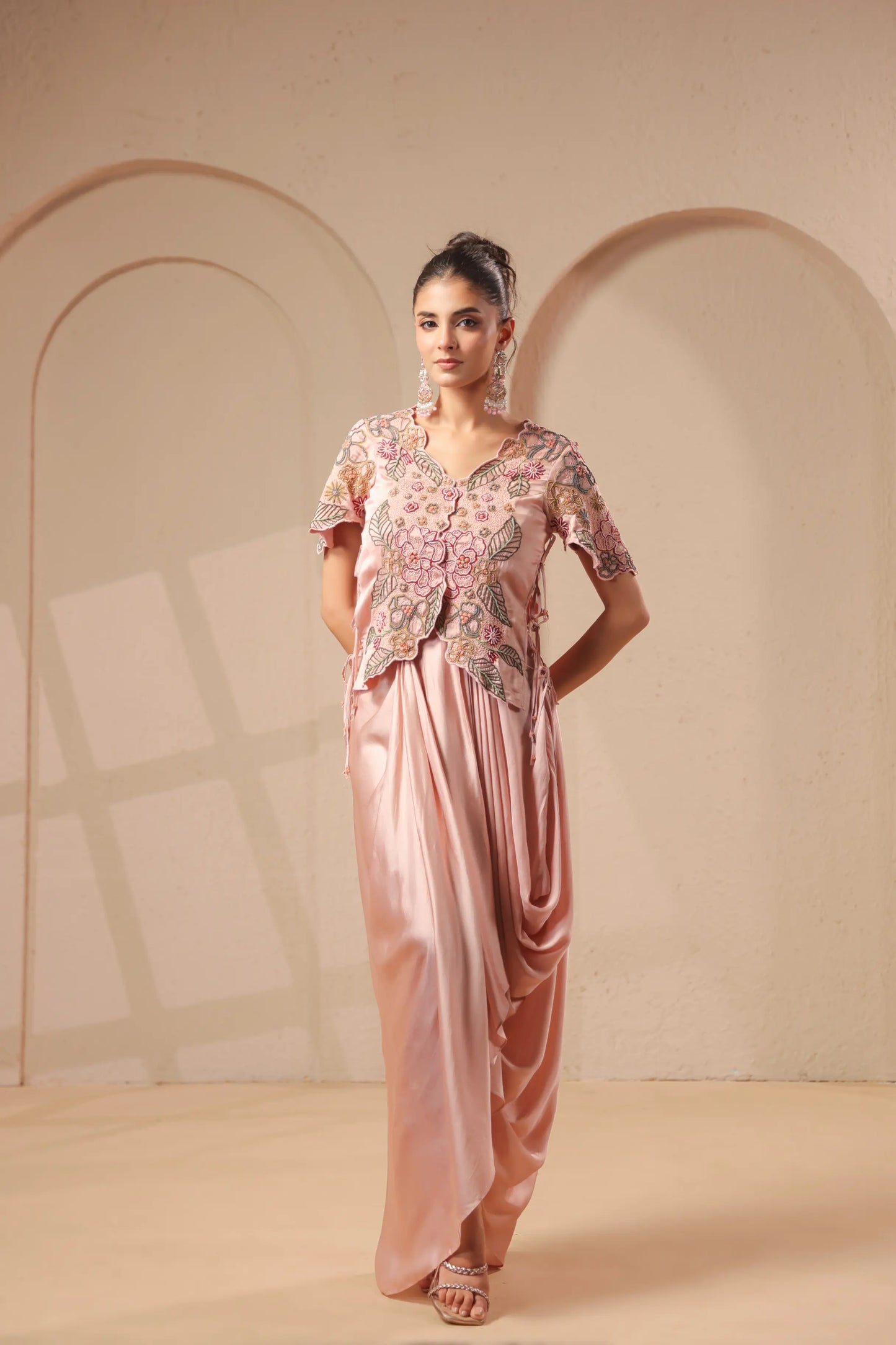 3 Piece Rose-gold bustier with drape skirt & hand emboidered jacket