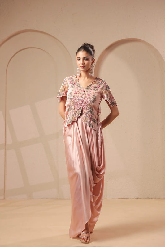 3 Piece Rose-gold bustier with drape skirt & hand emboidered jacket