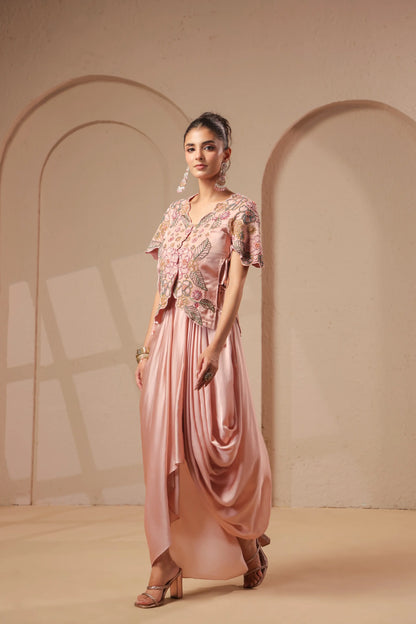 3 Piece Rose-gold bustier with drape skirt & hand emboidered jacket