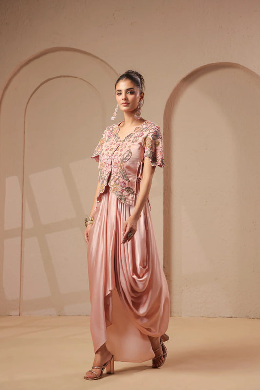3 Piece Rose-gold bustier with drape skirt & hand emboidered jacket