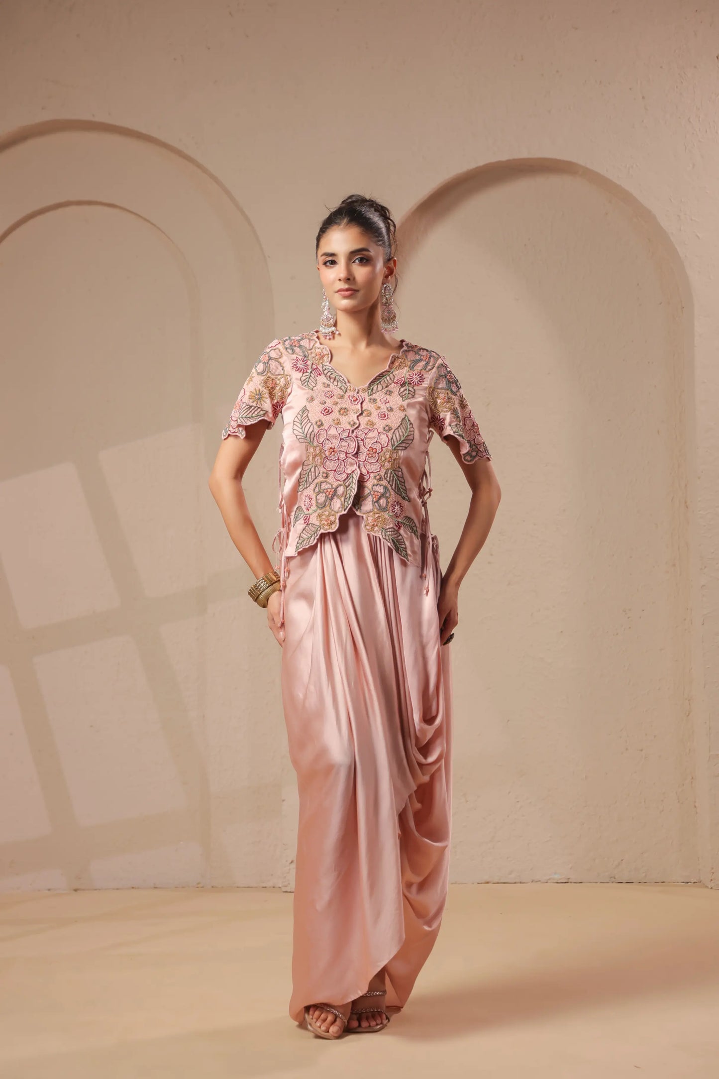 3 Piece Rose-gold bustier with drape skirt & hand emboidered jacket
