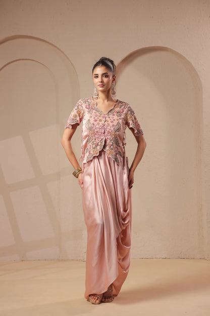 3 Piece Rose-gold bustier with drape skirt & hand emboidered jacket