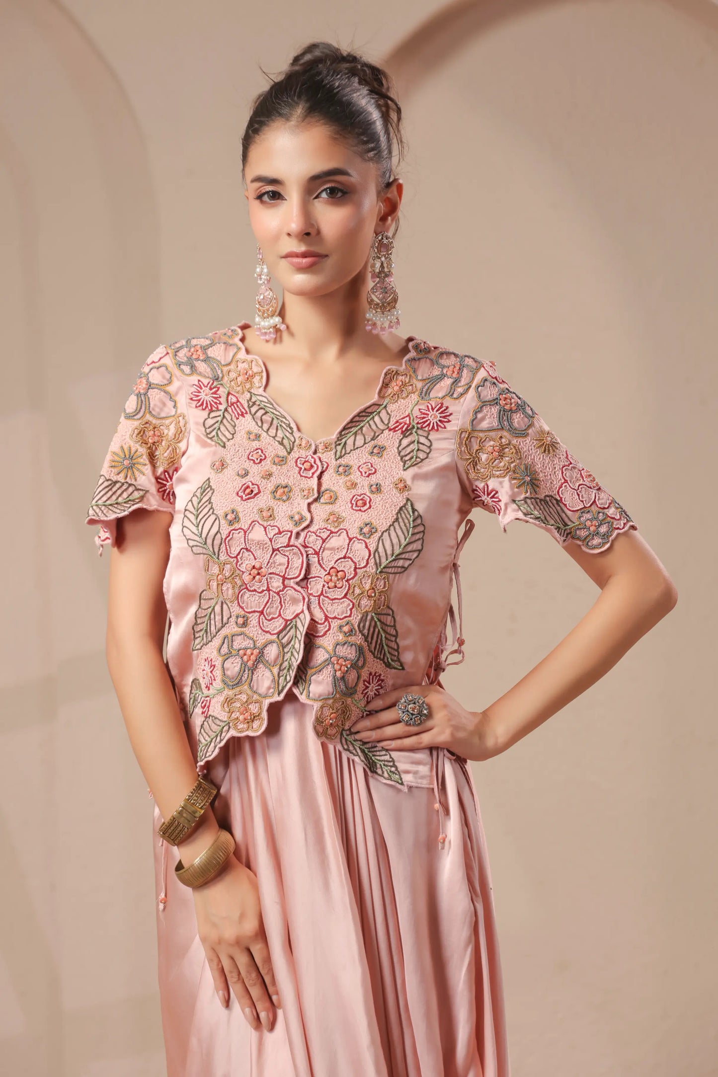 3 Piece Rose-gold bustier with drape skirt & hand emboidered jacket