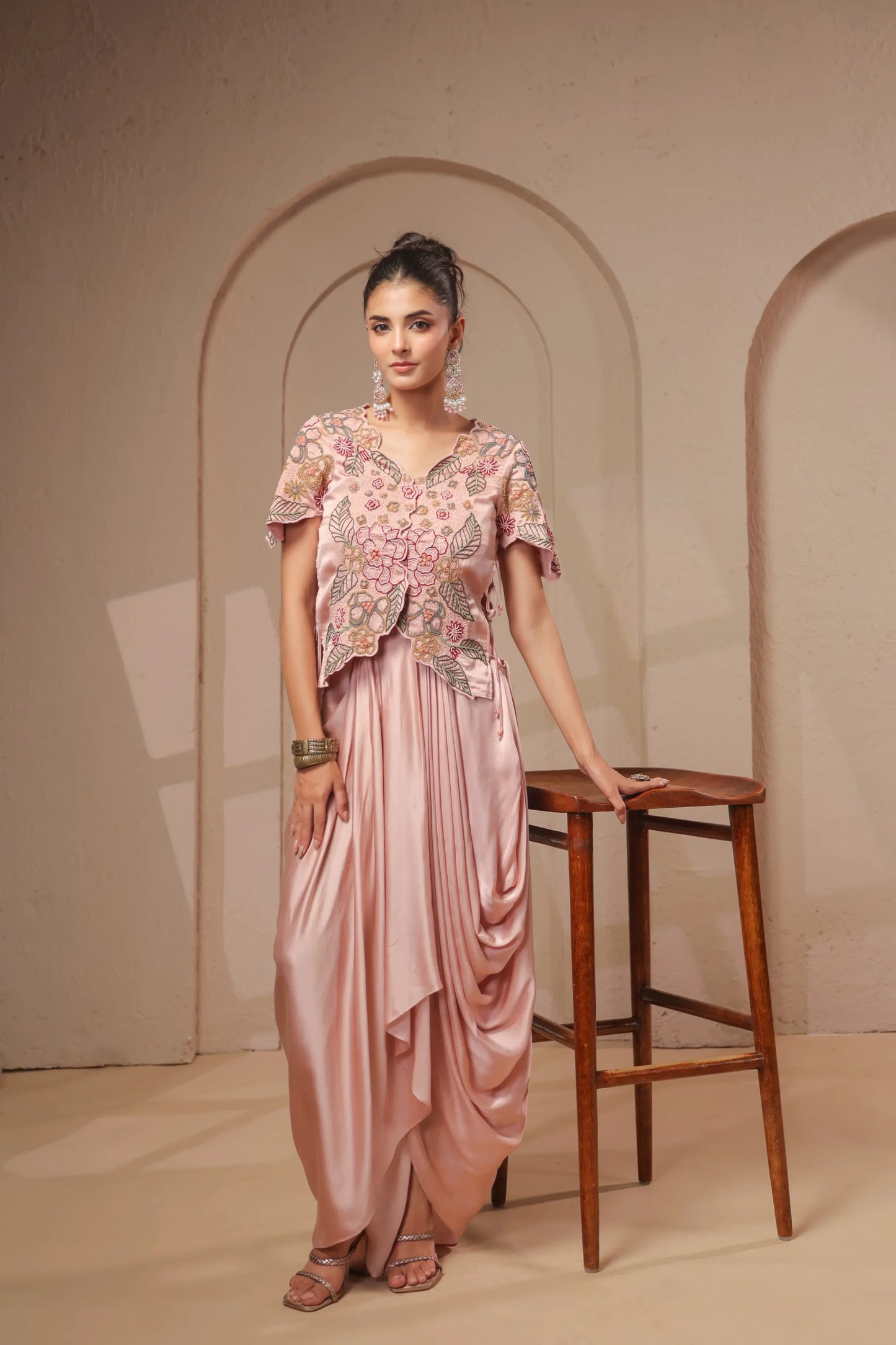 3 Piece Rose-gold bustier with drape skirt & hand emboidered jacket