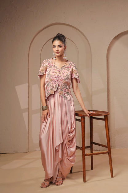 3 Piece Rose-gold bustier with drape skirt & hand emboidered jacket