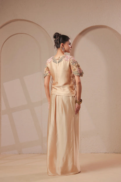 3 Piece Rose-gold bustier with drape skirt & hand emboidered jacket