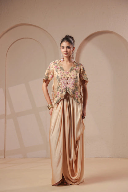 3 Piece Rose-gold bustier with drape skirt & hand emboidered jacket