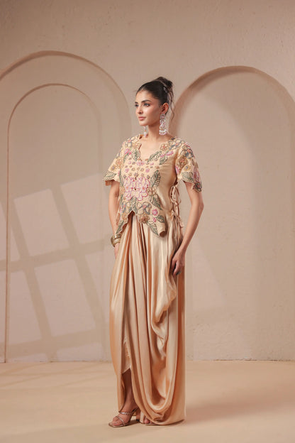 3 Piece Rose-gold bustier with drape skirt & hand emboidered jacket