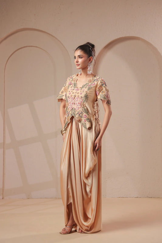 3 Piece Rose-gold bustier with drape skirt & hand emboidered jacket