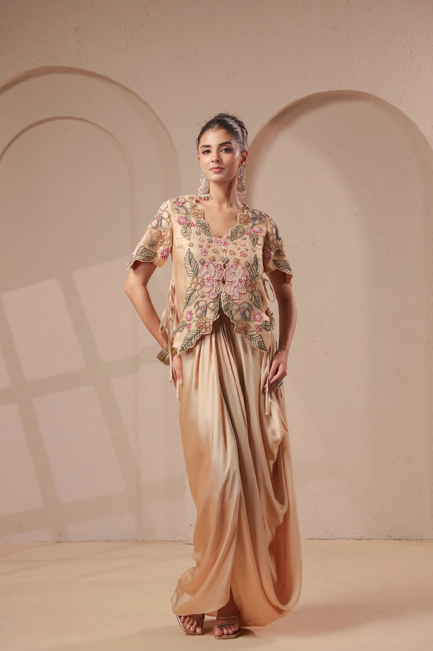 3 Piece Rose-gold bustier with drape skirt & hand emboidered jacket