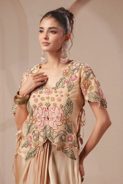 3 Piece Rose-gold bustier with drape skirt & hand emboidered jacket