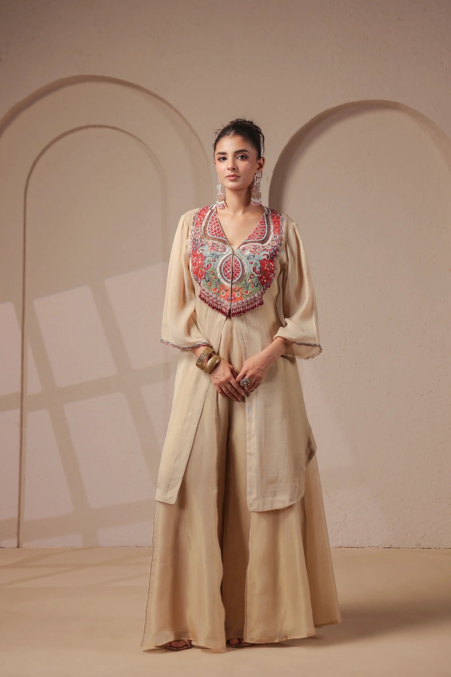 3 Piece hand emboidered kurta with skirt-palazzo set