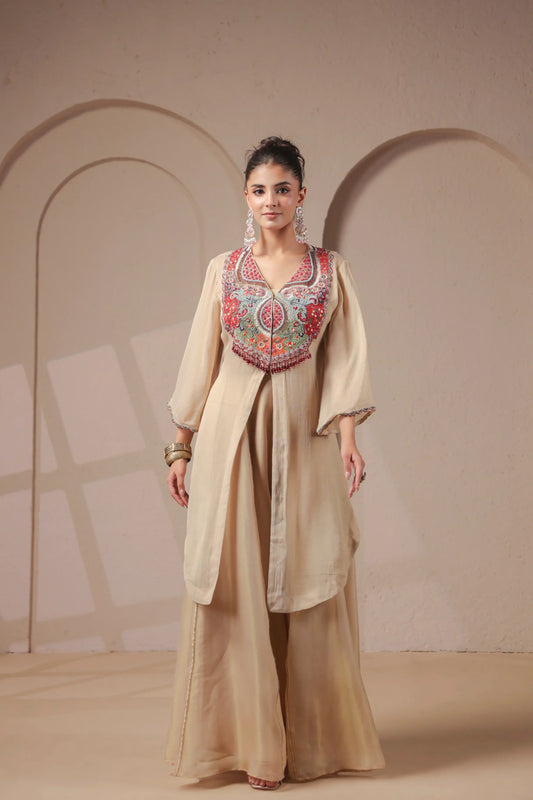 3 Piece hand emboidered kurta with skirt-palazzo set