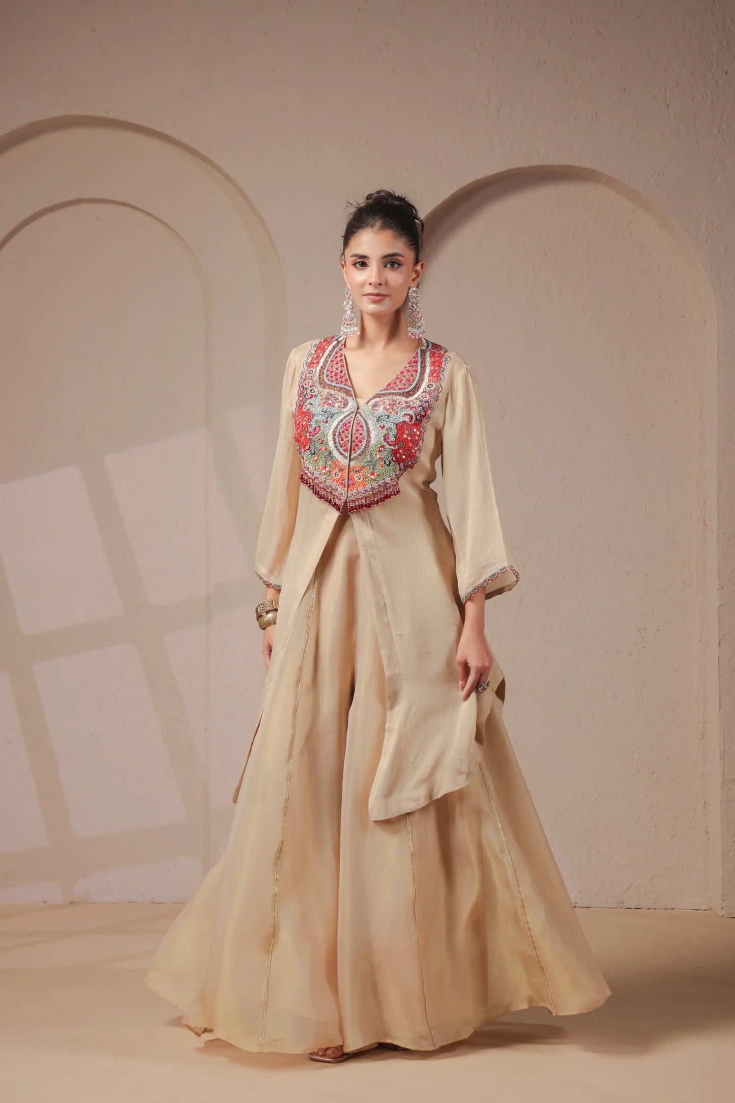 3 Piece hand emboidered kurta with skirt-palazzo set
