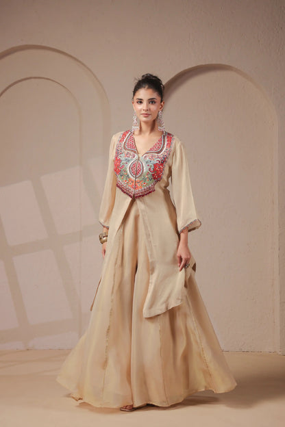 3 Piece hand emboidered kurta with skirt-palazzo set