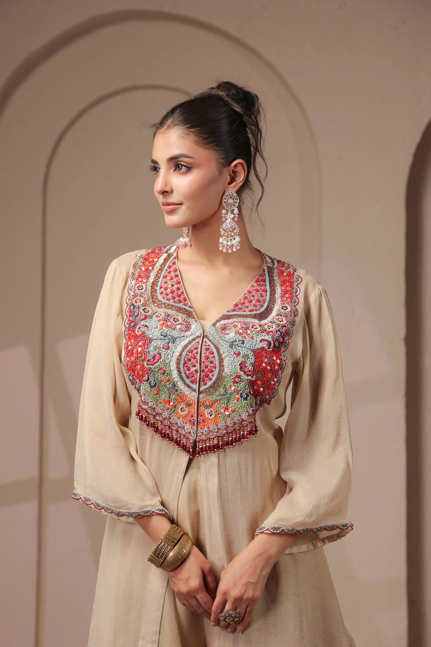 3 Piece hand emboidered kurta with skirt-palazzo set