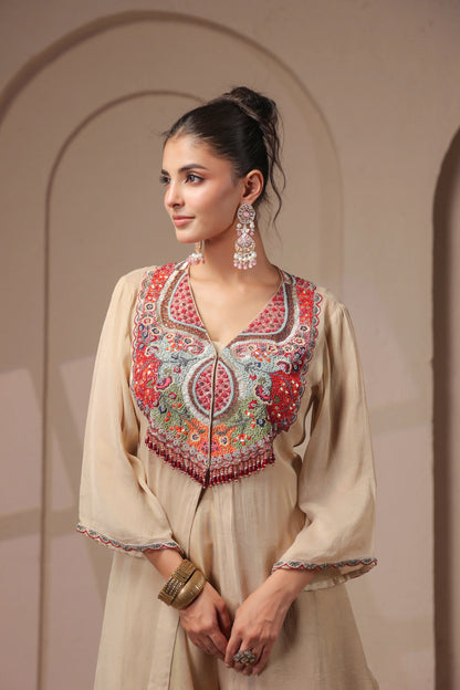 3 Piece hand emboidered kurta with skirt-palazzo set