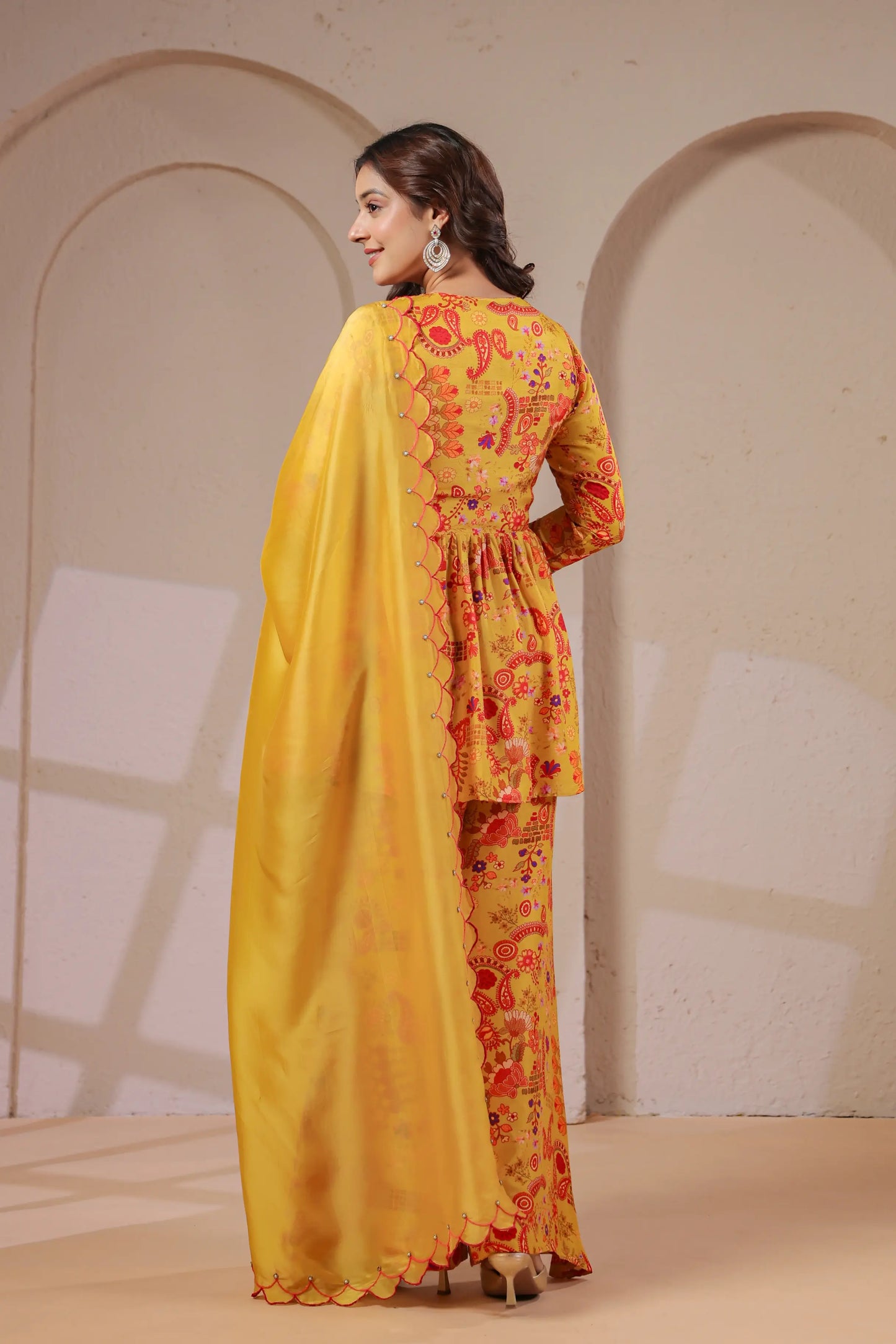 Hand Embroidered Peplum Kurta with Palazzo & Scalloped Dupatta