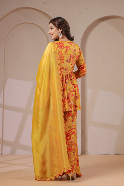 Hand Embroidered Peplum Kurta with Palazzo & Scalloped Dupatta