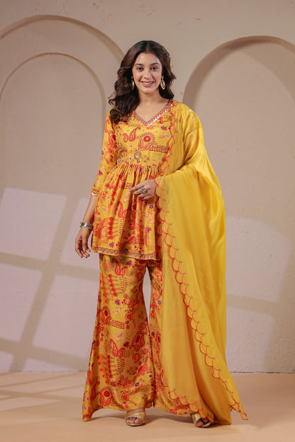 Hand Embroidered Peplum Kurta with Palazzo & Scalloped Dupatta