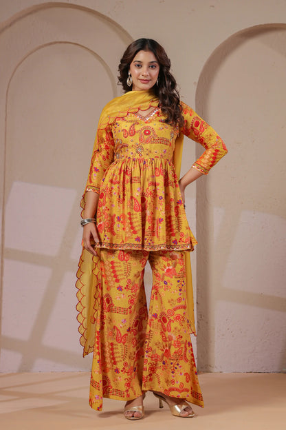 Hand Embroidered Peplum Kurta with Palazzo & Scalloped Dupatta