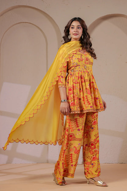 Hand Embroidered Peplum Kurta with Palazzo & Scalloped Dupatta