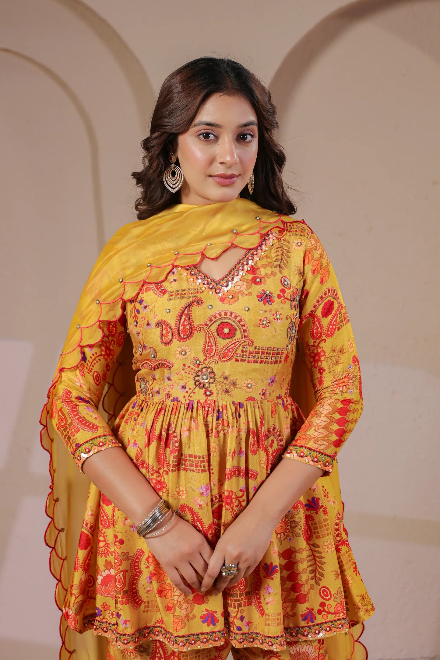 Hand Embroidered Peplum Kurta with Palazzo & Scalloped Dupatta