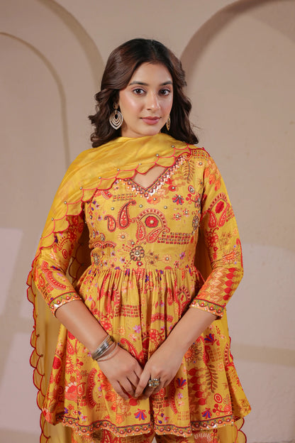 Hand Embroidered Peplum Kurta with Palazzo & Scalloped Dupatta