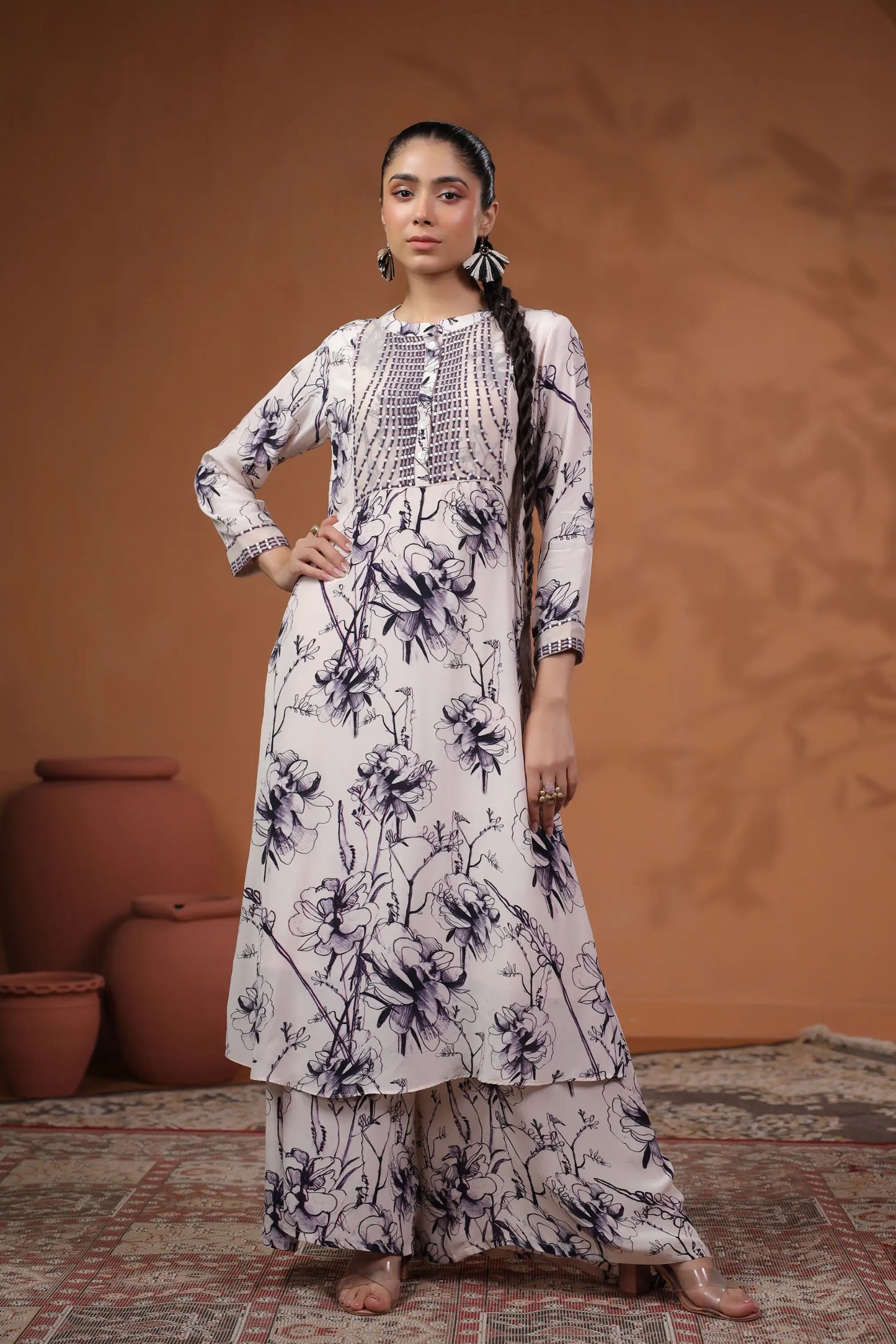 Abstarct Floral Printed long Kurta with Printed Pant