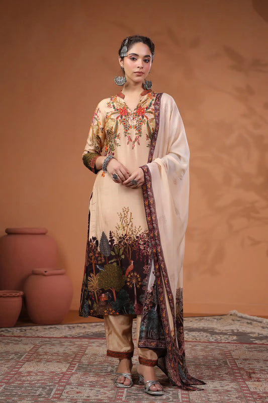 Oriental Print Straight Kurti with Pant and Printed Dupatta