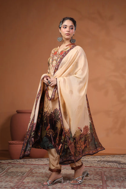 Oriental Print Straight Kurti with Pant and Printed Dupatta