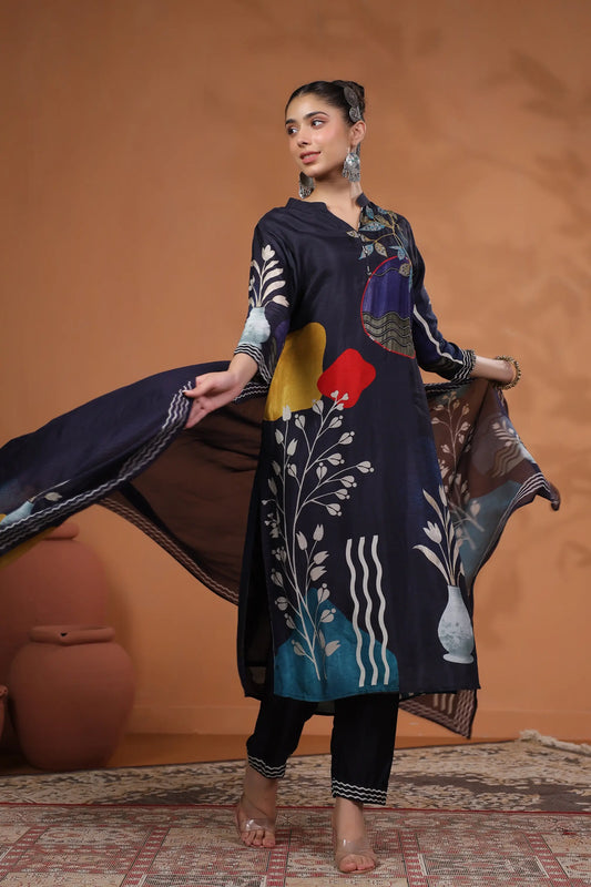 Traditional Print Straight Kurti with Pant and Printed Dupatta