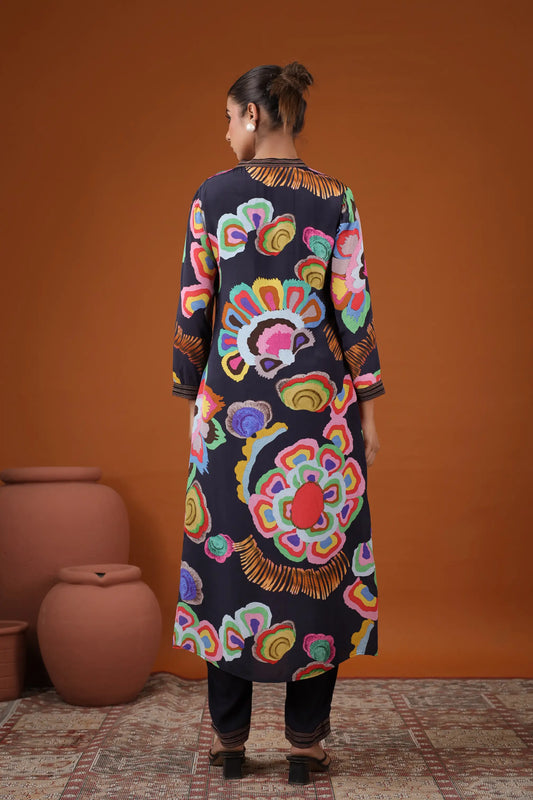 Abstract Floral Print Straight Kurti with Pant