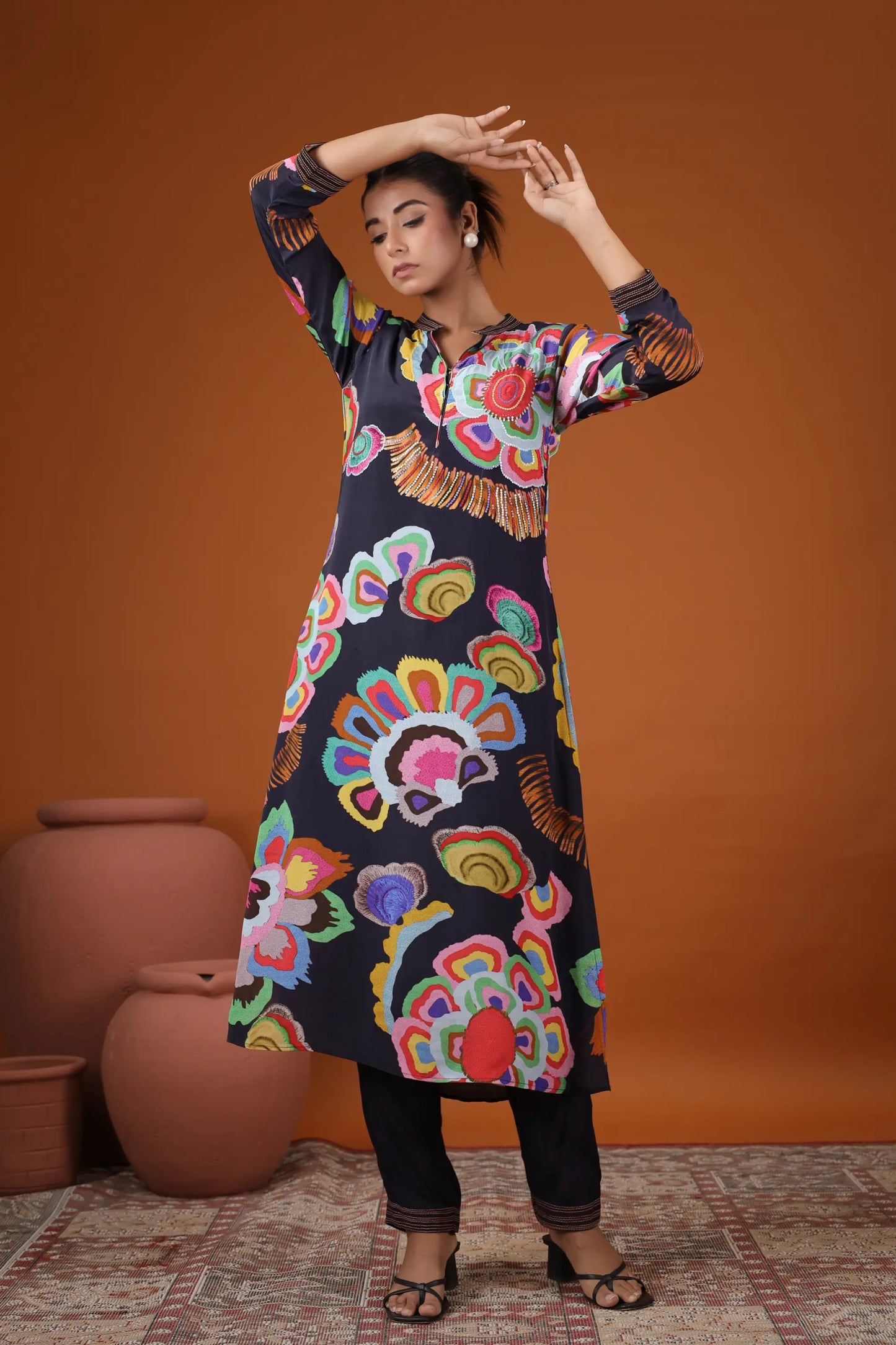 Abstract Floral Print Straight Kurti with Pant